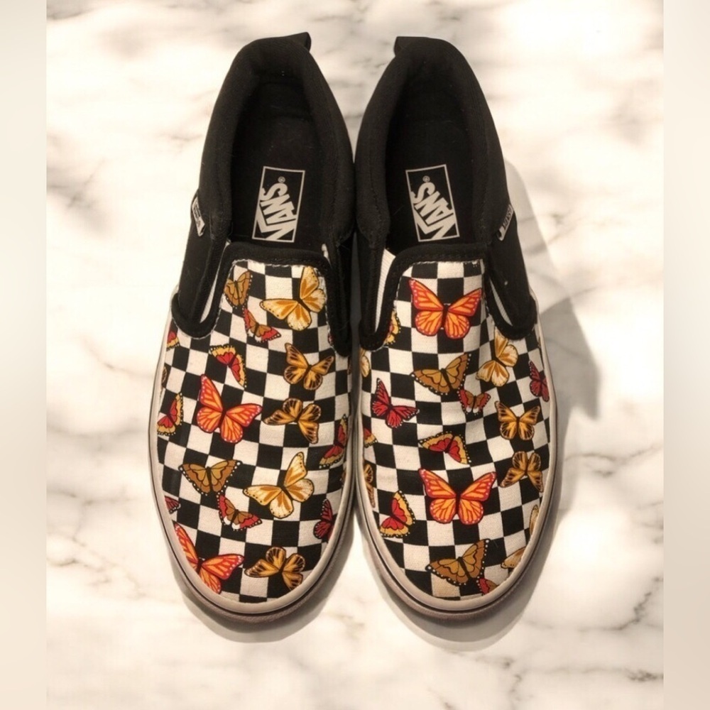 Vans Kids Slip-On Butterfly Checkered Shoes - Black and Multicolor - Picture 2 of 16